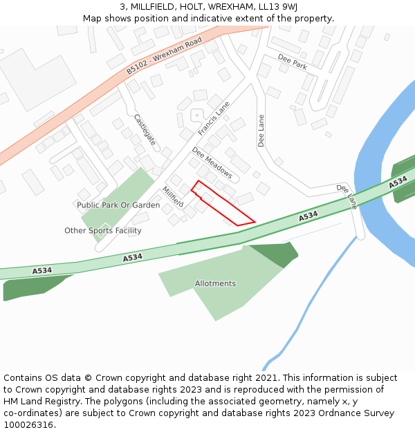 3, MILLFIELD, HOLT, WREXHAM, LL13 9WJ: Location map and indicative extent of plot
