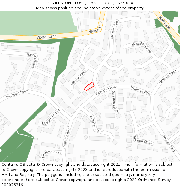 3, MILLSTON CLOSE, HARTLEPOOL, TS26 0PX: Location map and indicative extent of plot