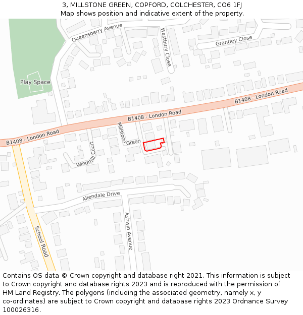 3, MILLSTONE GREEN, COPFORD, COLCHESTER, CO6 1FJ: Location map and indicative extent of plot