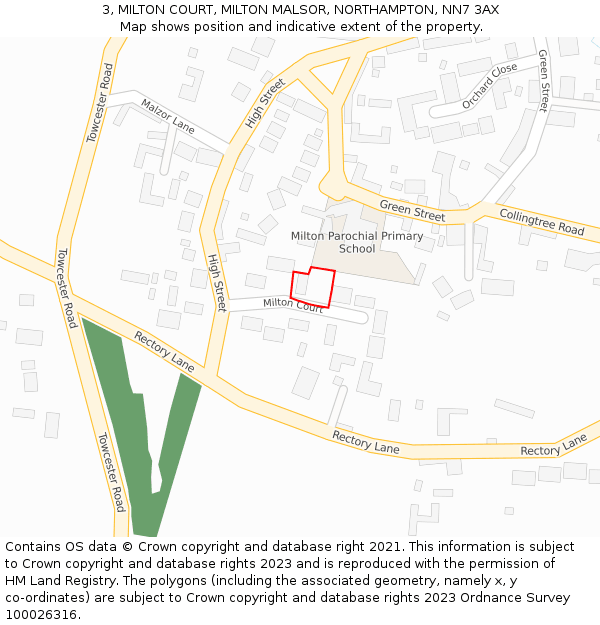 3, MILTON COURT, MILTON MALSOR, NORTHAMPTON, NN7 3AX: Location map and indicative extent of plot