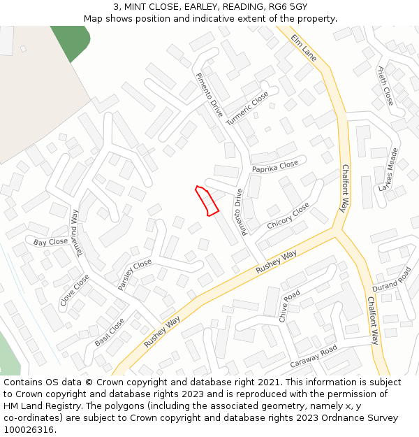 3, MINT CLOSE, EARLEY, READING, RG6 5GY: Location map and indicative extent of plot