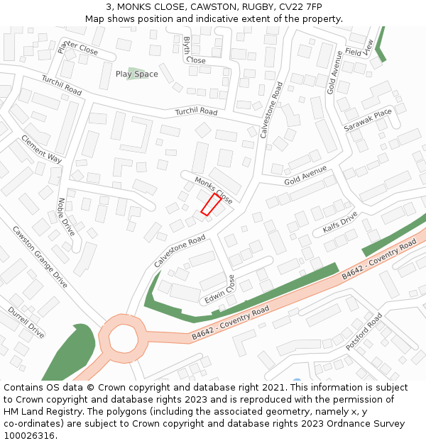 3, MONKS CLOSE, CAWSTON, RUGBY, CV22 7FP: Location map and indicative extent of plot
