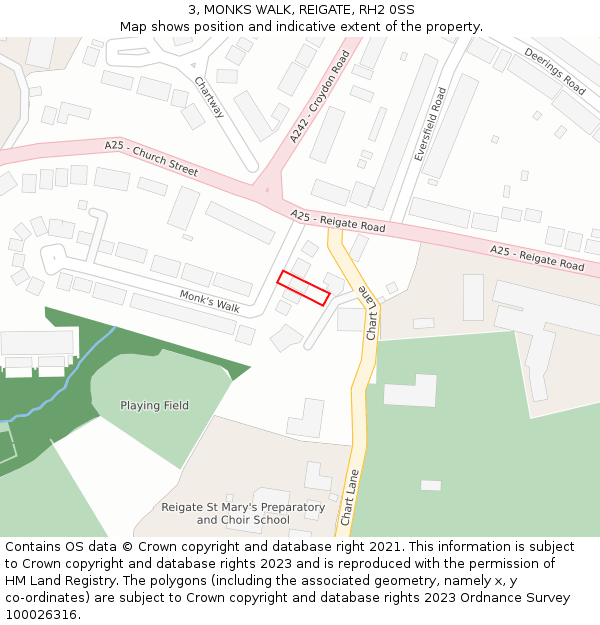 3, MONKS WALK, REIGATE, RH2 0SS: Location map and indicative extent of plot