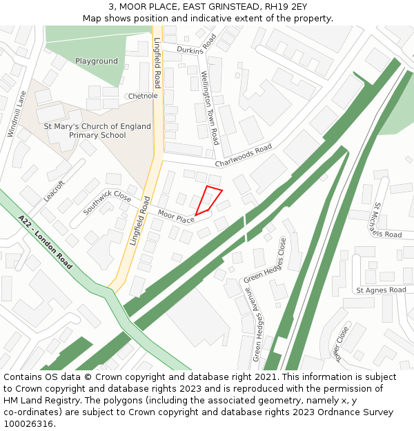 3, MOOR PLACE, EAST GRINSTEAD, RH19 2EY: Location map and indicative extent of plot