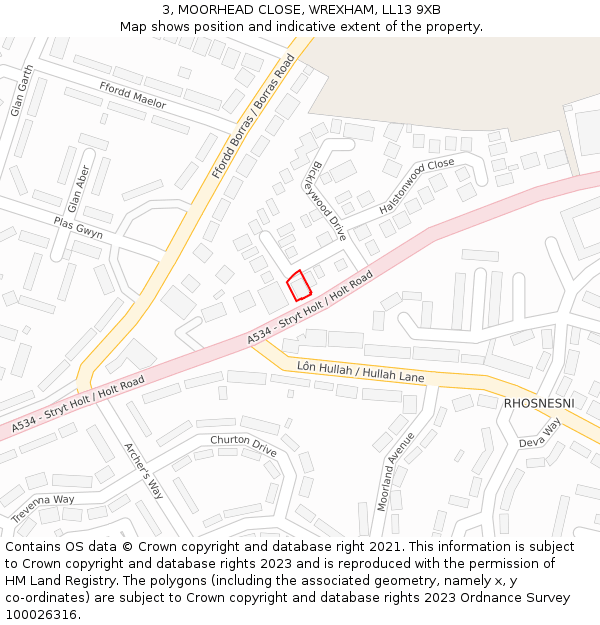 3, MOORHEAD CLOSE, WREXHAM, LL13 9XB: Location map and indicative extent of plot