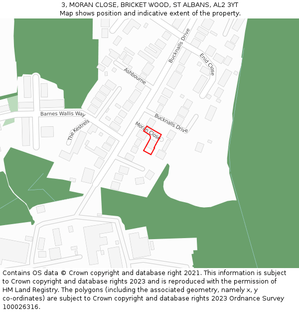 3, MORAN CLOSE, BRICKET WOOD, ST ALBANS, AL2 3YT: Location map and indicative extent of plot