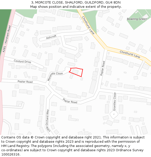 3, MORCOTE CLOSE, SHALFORD, GUILDFORD, GU4 8DN: Location map and indicative extent of plot