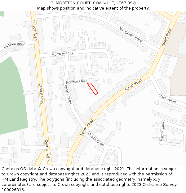 3, MORETON COURT, COALVILLE, LE67 3SQ: Location map and indicative extent of plot