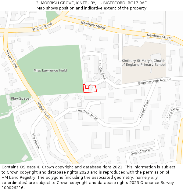 3, MORRISH GROVE, KINTBURY, HUNGERFORD, RG17 9AD: Location map and indicative extent of plot