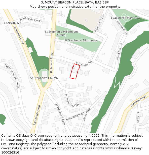 3, MOUNT BEACON PLACE, BATH, BA1 5SP: Location map and indicative extent of plot