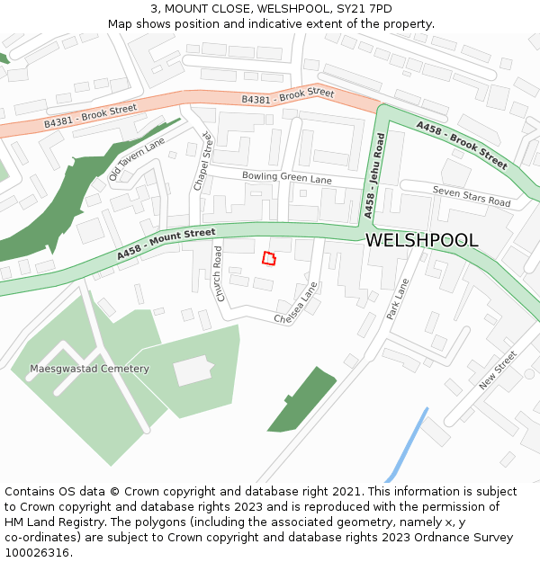 3, MOUNT CLOSE, WELSHPOOL, SY21 7PD: Location map and indicative extent of plot