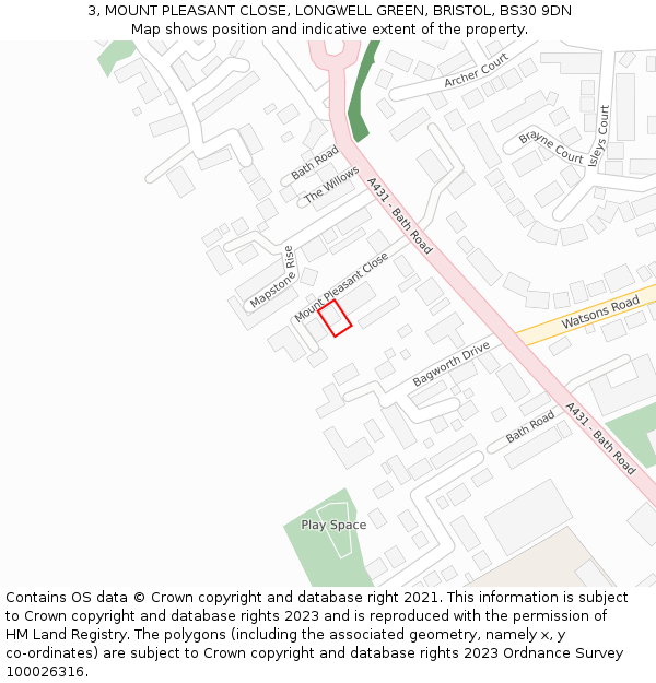 3, MOUNT PLEASANT CLOSE, LONGWELL GREEN, BRISTOL, BS30 9DN: Location map and indicative extent of plot