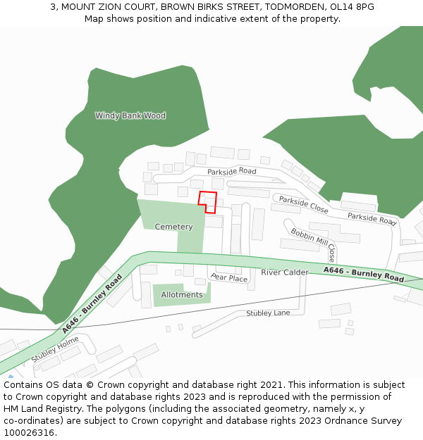 3, MOUNT ZION COURT, BROWN BIRKS STREET, TODMORDEN, OL14 8PG: Location map and indicative extent of plot