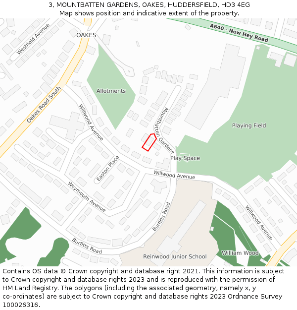 3, MOUNTBATTEN GARDENS, OAKES, HUDDERSFIELD, HD3 4EG: Location map and indicative extent of plot