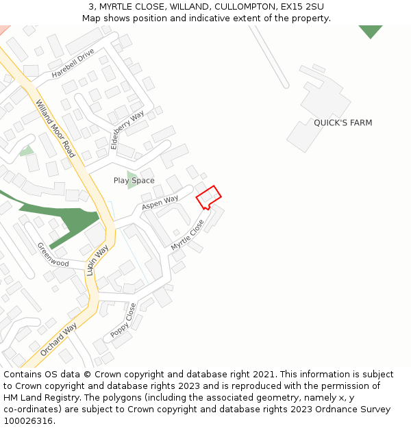 3, MYRTLE CLOSE, WILLAND, CULLOMPTON, EX15 2SU: Location map and indicative extent of plot