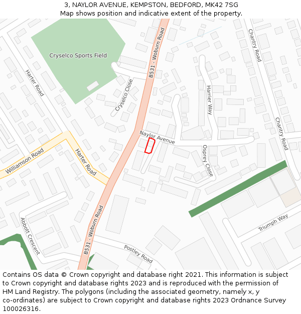 3, NAYLOR AVENUE, KEMPSTON, BEDFORD, MK42 7SG: Location map and indicative extent of plot