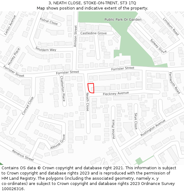 3, NEATH CLOSE, STOKE-ON-TRENT, ST3 1TQ: Location map and indicative extent of plot