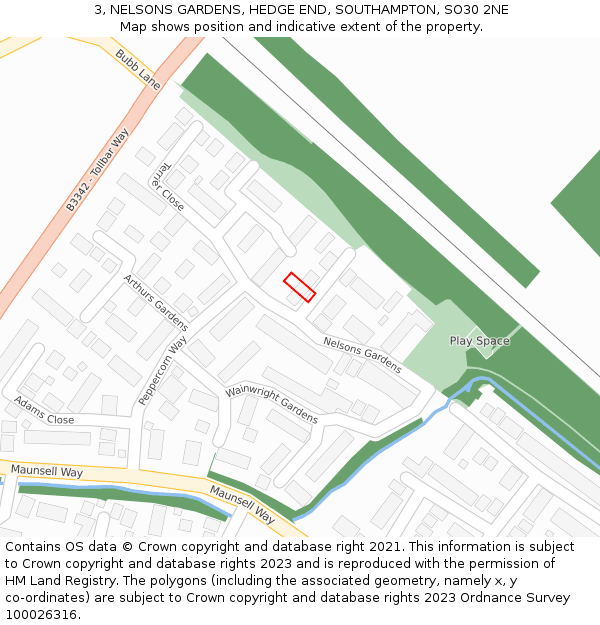 3, NELSONS GARDENS, HEDGE END, SOUTHAMPTON, SO30 2NE: Location map and indicative extent of plot