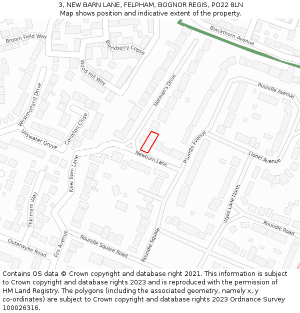 3, NEW BARN LANE, FELPHAM, BOGNOR REGIS, PO22 8LN: Location map and indicative extent of plot