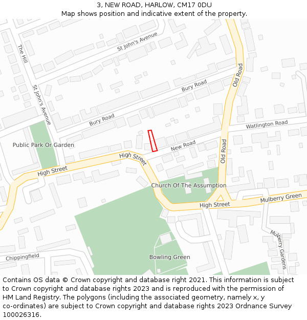 3, NEW ROAD, HARLOW, CM17 0DU: Location map and indicative extent of plot