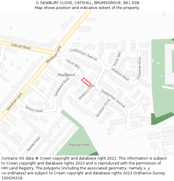 3, NEWBURY CLOSE, CATSHILL, BROMSGROVE, B61 0SB: Location map and indicative extent of plot