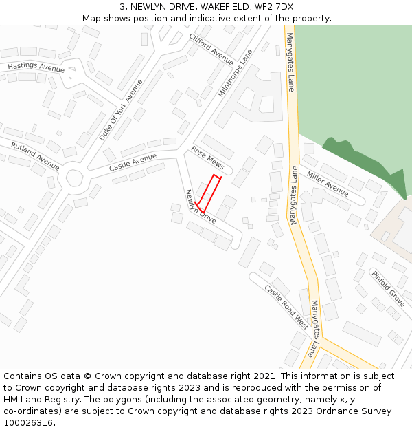 3, NEWLYN DRIVE, WAKEFIELD, WF2 7DX: Location map and indicative extent of plot