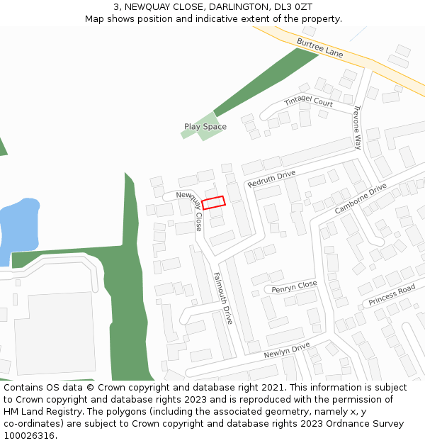 3, NEWQUAY CLOSE, DARLINGTON, DL3 0ZT: Location map and indicative extent of plot