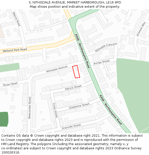 3, NITHSDALE AVENUE, MARKET HARBOROUGH, LE16 9PD: Location map and indicative extent of plot