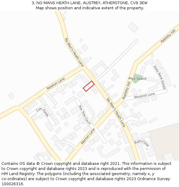 3, NO MANS HEATH LANE, AUSTREY, ATHERSTONE, CV9 3EW: Location map and indicative extent of plot