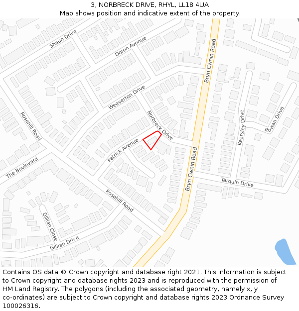 3, NORBRECK DRIVE, RHYL, LL18 4UA: Location map and indicative extent of plot