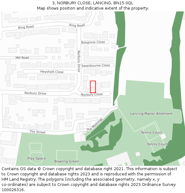 3, NORBURY CLOSE, LANCING, BN15 0QL: Location map and indicative extent of plot