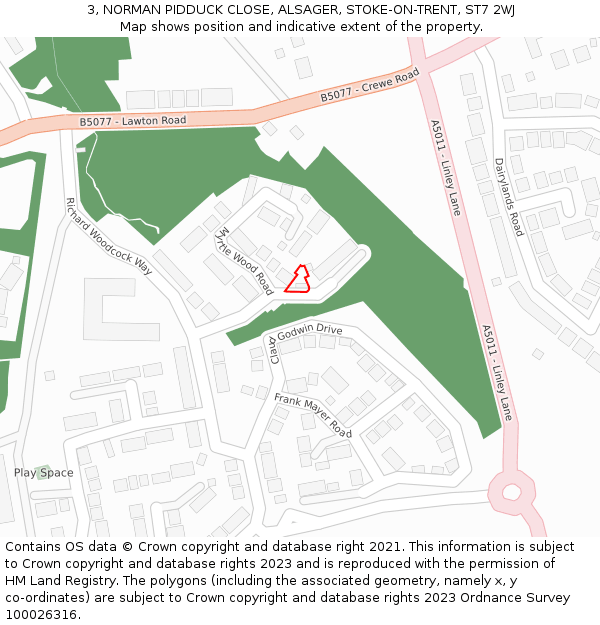 3, NORMAN PIDDUCK CLOSE, ALSAGER, STOKE-ON-TRENT, ST7 2WJ: Location map and indicative extent of plot