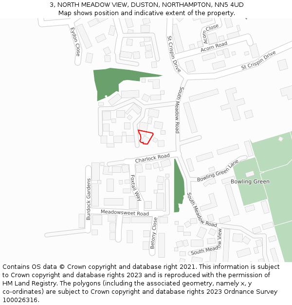 3, NORTH MEADOW VIEW, DUSTON, NORTHAMPTON, NN5 4UD: Location map and indicative extent of plot