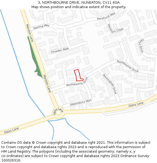 3, NORTHBOURNE DRIVE, NUNEATON, CV11 4GA: Location map and indicative extent of plot