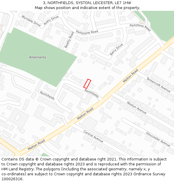3, NORTHFIELDS, SYSTON, LEICESTER, LE7 1HW: Location map and indicative extent of plot