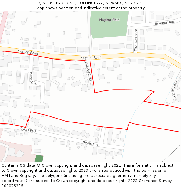 3, NURSERY CLOSE, COLLINGHAM, NEWARK, NG23 7BL: Location map and indicative extent of plot