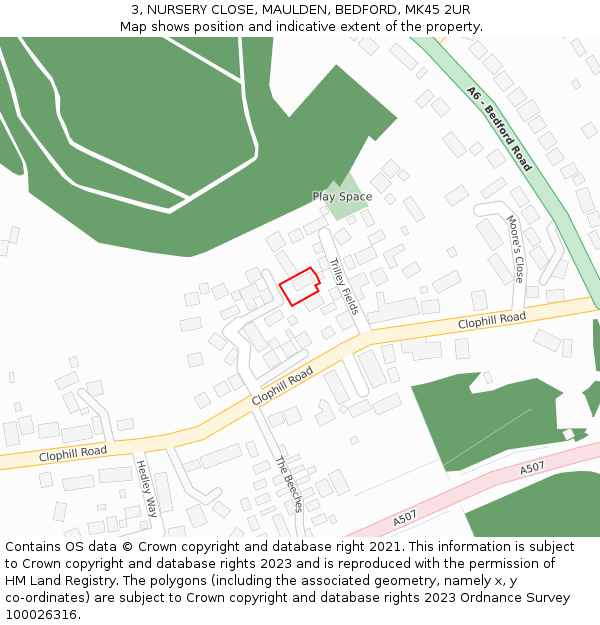 3, NURSERY CLOSE, MAULDEN, BEDFORD, MK45 2UR: Location map and indicative extent of plot