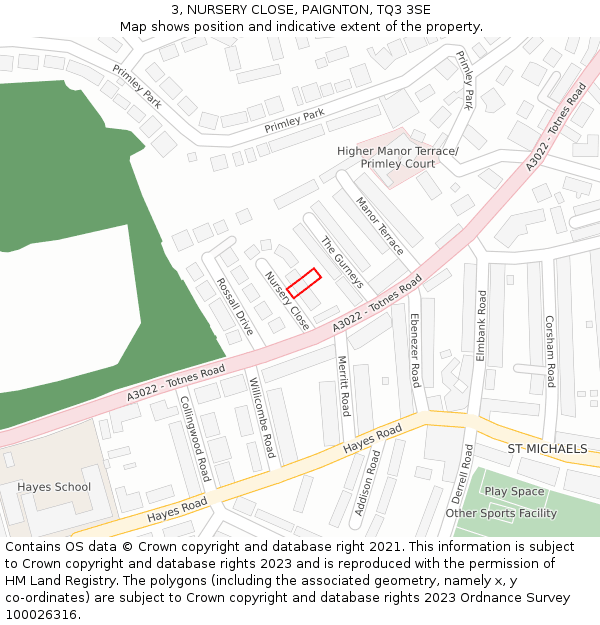 3, NURSERY CLOSE, PAIGNTON, TQ3 3SE: Location map and indicative extent of plot