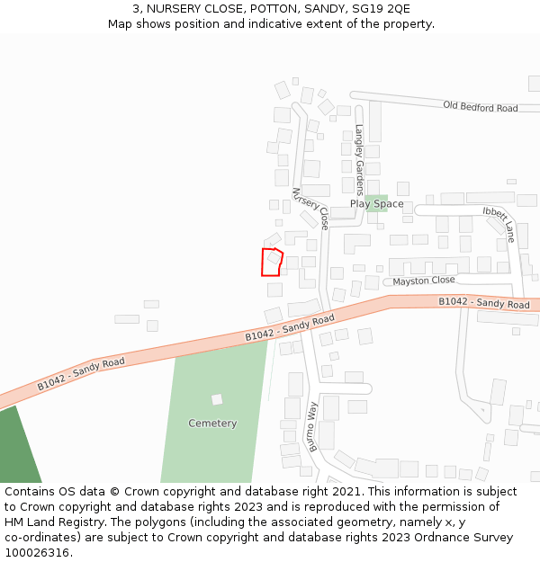 3, NURSERY CLOSE, POTTON, SANDY, SG19 2QE: Location map and indicative extent of plot