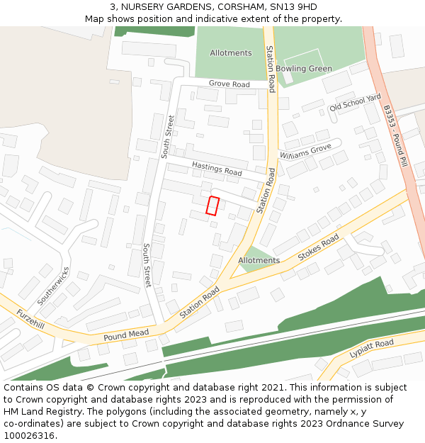 3, NURSERY GARDENS, CORSHAM, SN13 9HD: Location map and indicative extent of plot