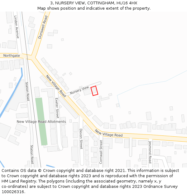 3, NURSERY VIEW, COTTINGHAM, HU16 4HX: Location map and indicative extent of plot