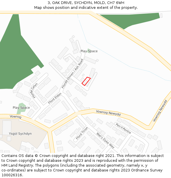 3, OAK DRIVE, SYCHDYN, MOLD, CH7 6WH: Location map and indicative extent of plot