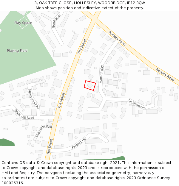 3, OAK TREE CLOSE, HOLLESLEY, WOODBRIDGE, IP12 3QW: Location map and indicative extent of plot