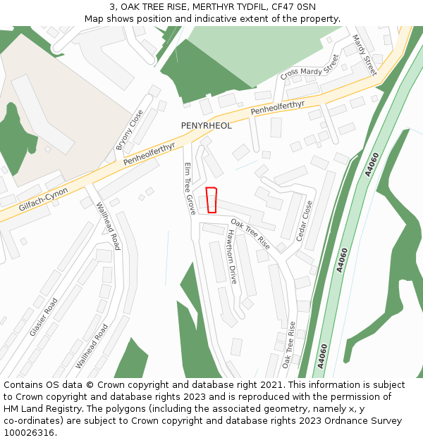 3, OAK TREE RISE, MERTHYR TYDFIL, CF47 0SN: Location map and indicative extent of plot