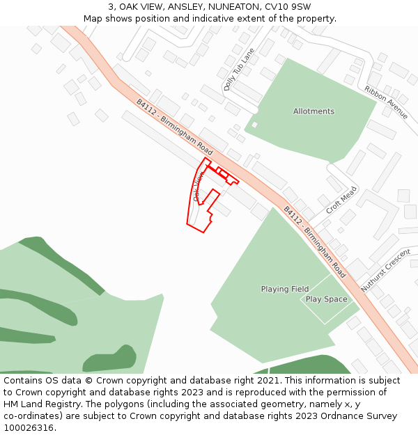 3, OAK VIEW, ANSLEY, NUNEATON, CV10 9SW: Location map and indicative extent of plot