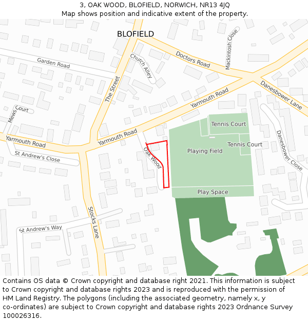 3, OAK WOOD, BLOFIELD, NORWICH, NR13 4JQ: Location map and indicative extent of plot