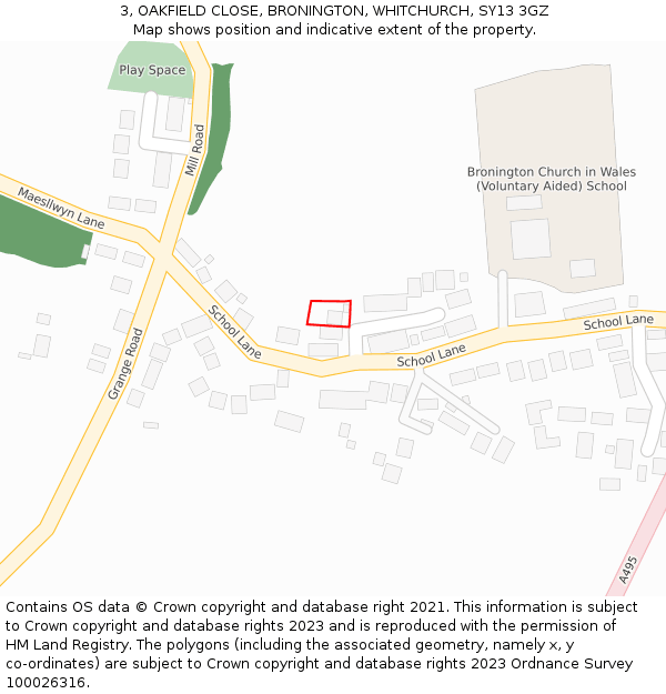 3, OAKFIELD CLOSE, BRONINGTON, WHITCHURCH, SY13 3GZ: Location map and indicative extent of plot