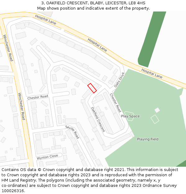 3, OAKFIELD CRESCENT, BLABY, LEICESTER, LE8 4HS: Location map and indicative extent of plot