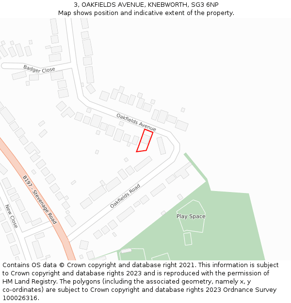 3, OAKFIELDS AVENUE, KNEBWORTH, SG3 6NP: Location map and indicative extent of plot