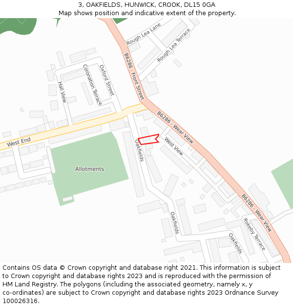 3, OAKFIELDS, HUNWICK, CROOK, DL15 0GA: Location map and indicative extent of plot